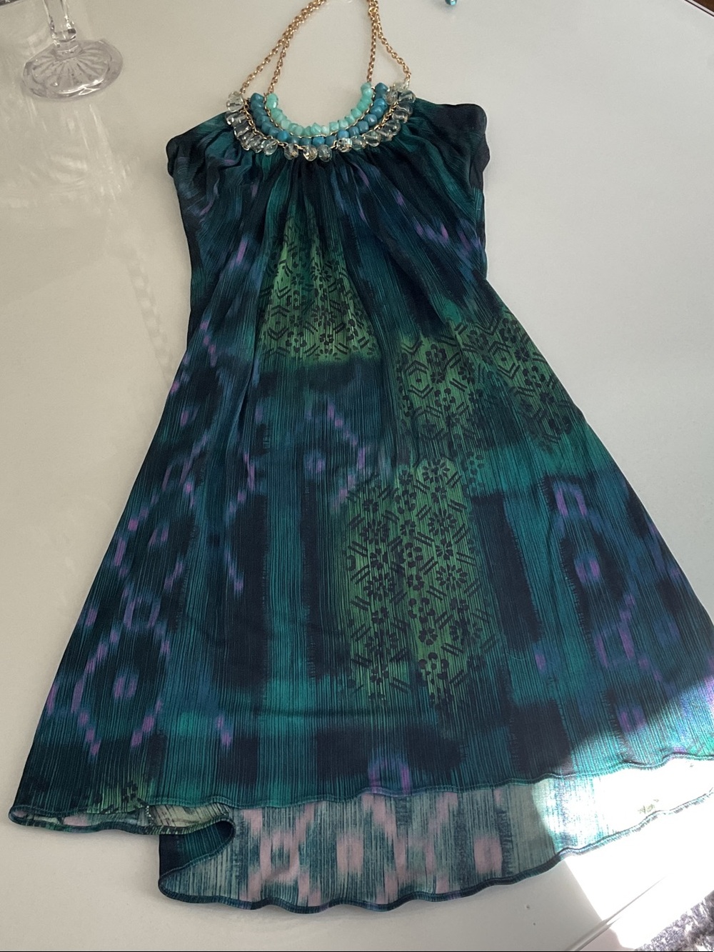 Sky dress ' Sleeveless Green & Teal Patterned Dress w beading size small